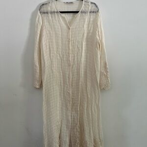 Zara Ivory Midi Embroidered Boho Buttoned Dress Linen Limited Edition Size M
